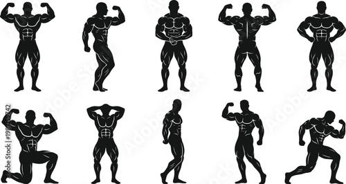 Bodybuilder Silhouettes Set Muscular Poses Collection
