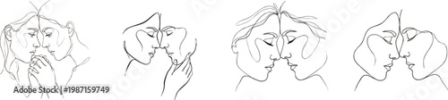 Collection of two faces sharing a thoughtful and intimate moment in line art, isolated on white
