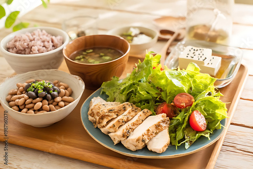 Healthy Meal Set: Grilled Chicken Breast, Beans, Miso Soup, and Tofu / 健康的な御膳：鶏胸肉のグリル、煮豆、味噌汁、豆腐