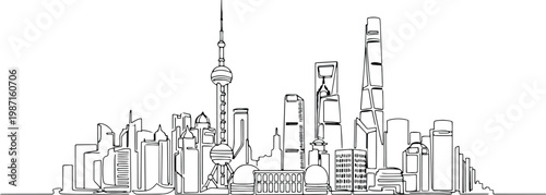 Continuous single line drawing of Shanghai skyline, China city landmark outline