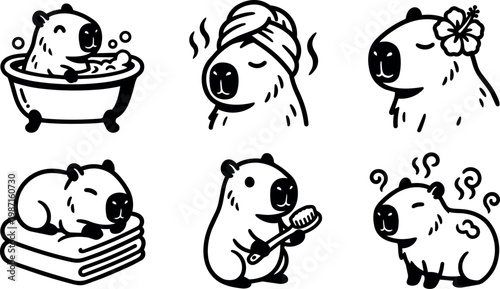 Black and white spa bear relaxing with bath towel brush and sauna steam vector art