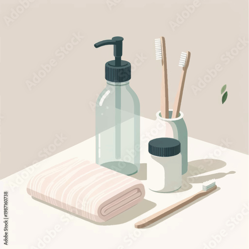 Toiletries on a Bathroom Countertop.