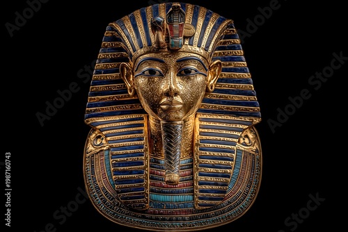 Golden Pharaoh's Legacy: The mask of an ancient Egyptian pharaoh, showcasing exquisite craftsmanship in gleaming gold and intricate details, a symbol of power and afterlife.