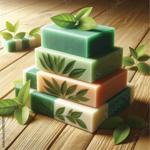 Stack of Soap Bars with Leaf Designs.