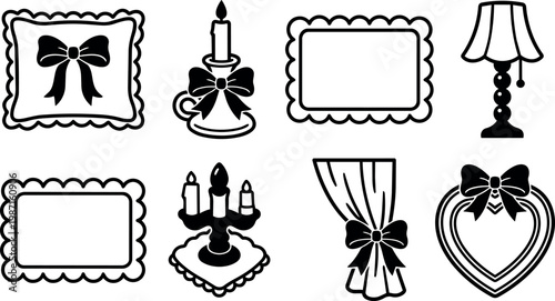 Black and white bow ribbon candle lamp heart frame and curtain vector art