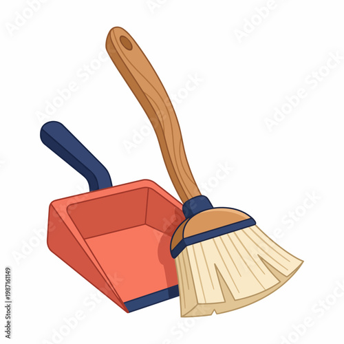 This illustration of a broom and dustpan showcases essential cleaning tools, emphasizing the importance of cleanliness and organization in everyday life.