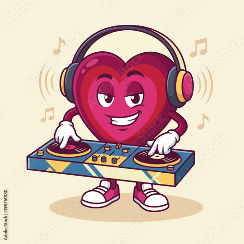 An animated heart character DJing with turntables, showcasing a fun and lively vibe, representing passion for music and creativity in a playful artistic style.