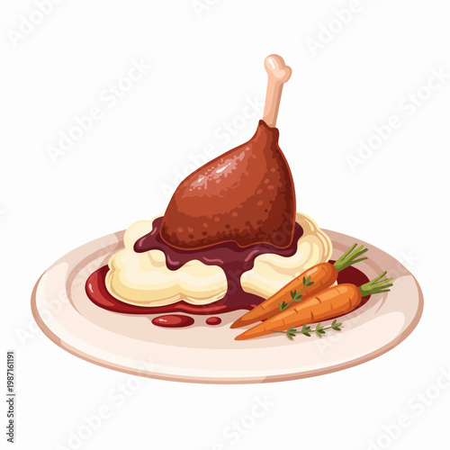 A tempting presentation of a hearty dish featuring mashed potatoes, roasted chicken leg, and carrots that evokes warmth, nostalgia, and the essence of comfort food.