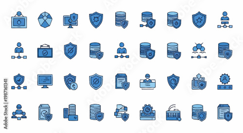 Collection of blue digital security and data icons.