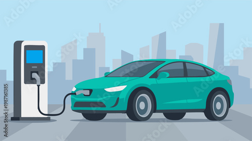 Electric vehicle charging station in an urban city, sustainable transport.