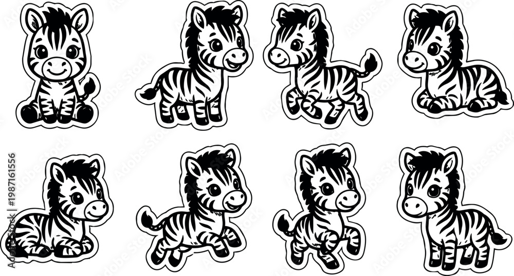 Fototapeta premium Cute black and white cartoon zebra set with different poses vector art