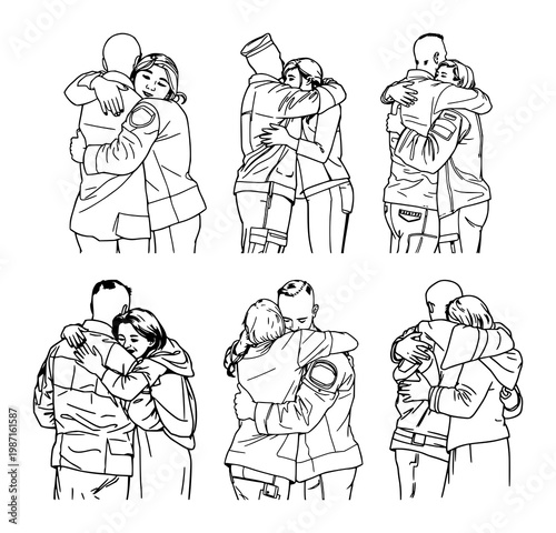 Military homecoming set with a service member embracing family featuring emotional expressions, joy, and relief with a safe return and family sacrifice