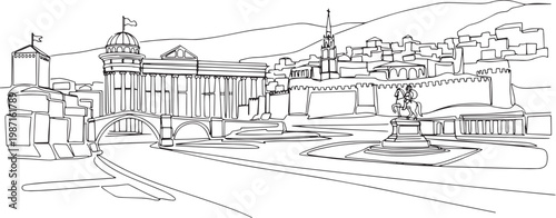 Continuous single line drawing of Skopje skyline, North Macedonia city outline