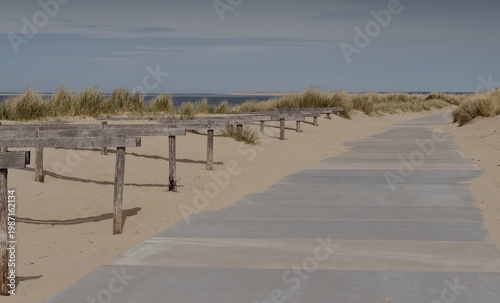 Fotografija Perspective view of a modern concrete pedestrian walkway through coastal sand dunes leading toward the sea in Den Helder, Netherlands