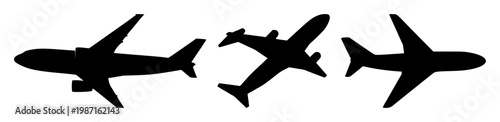 Airplane flying icon set with solid black line art and simple geometric shape featuring aviation, travel, transport with iconography and flight