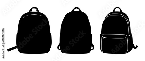 Backpack set with solid black icon on stark white background featuring travel, luggage, carry with graphic and illustration