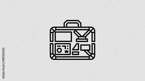 Line art briefcase transforming to monitor setup - for remote work design