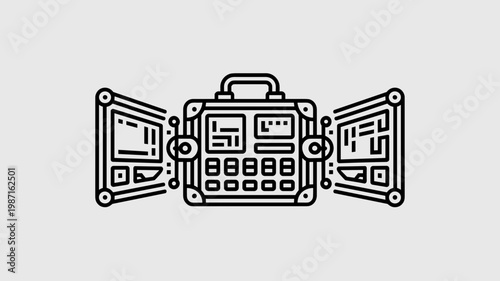 Geometric briefcase workstation metamorphosis icon - for portable tech illustration