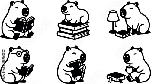 Black and white capybara reading books in various poses vector art