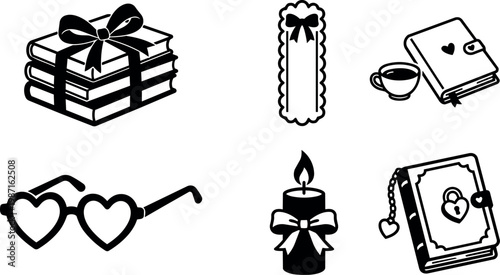 Black and white line art stack of books with bow and heart shaped glasses