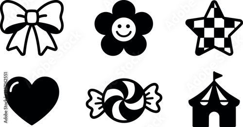Black and white simple icons bow flower star heart candy and circus tent vector art