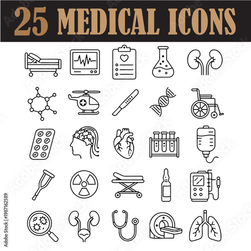 Medical icons set of 25 vector line illustrations, healthcare symbols for hospital and clinic equipment, professional medicine icons for web design isolated PNG with Transparent Background