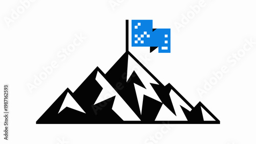 Mountain peak with digital pixel flag at summit - for achievement branding
