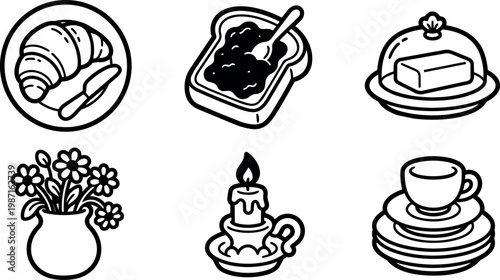 Black and white line art breakfast set with croissant toast butter vase candle and cup