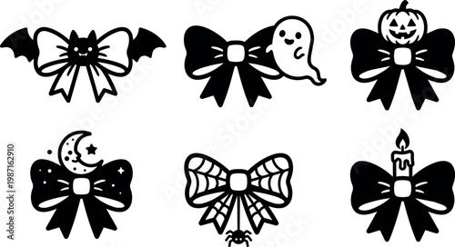 Black and white halloween bows with bat ghost pumpkin moon spider and candle icons
