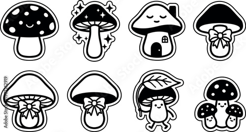 Black and white cute mushroom icons with smiles bows and leaf
