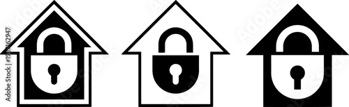 Three stylized house icons featuring a padlock symbol on each door