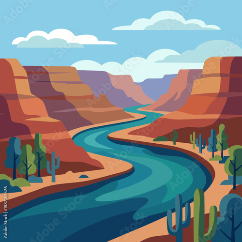 This image depicts a tranquil river meandering through sweeping canyon landscapes, showcasing vibrant vegetation and clear skies, emphasizing nature's beauty and serenity.
