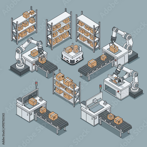 Automated warehouse robots handling cardboard boxes on conveyor belts and shelves.