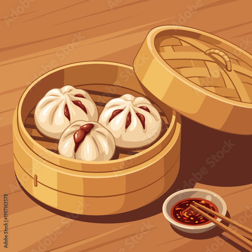 This image presents a delightful bamboo basket filled with three steamed buns, showcasing the rich flavors and textures of traditional dim sum served with sauce.