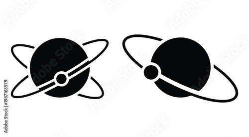 Two distinct black and white glyph icons representing stylized planets with orbiting ring systems
