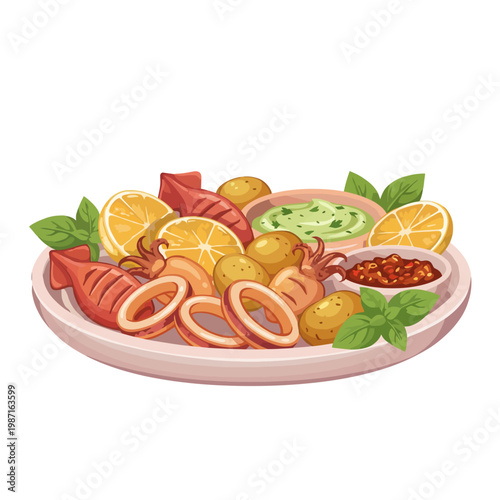 This inviting seafood platter displays an assortment of dishes accompanied by aromatic sauces, garnished beautifully for an appealing and flavorful dining experience.