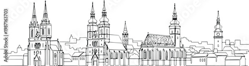 Continuous single line drawing of Zagreb skyline, Croatia city landmark outline