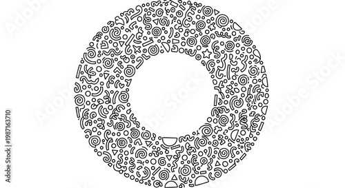 A vibrant circular illustration showcases diverse gray and white patterns.