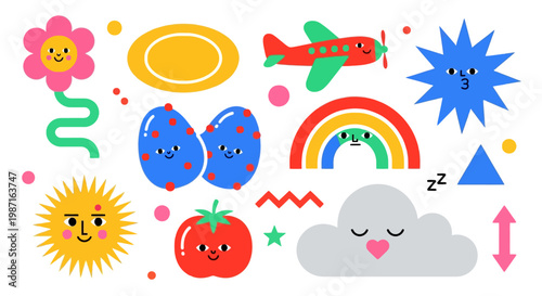 Colorful illustration of smiling fruits, planets, and cartoon objects flying in the air with a rainbow.