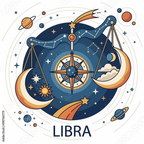 Illustrating the Libra zodiac sign, this image depicts a celestial scene with scales representing balance, harmony, and the inherent quest for equilibrium in life.