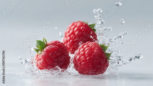 Fresh raspberries splashing in clear cool water on a white background, symbolizing freshness, healthy and fruit summer eating