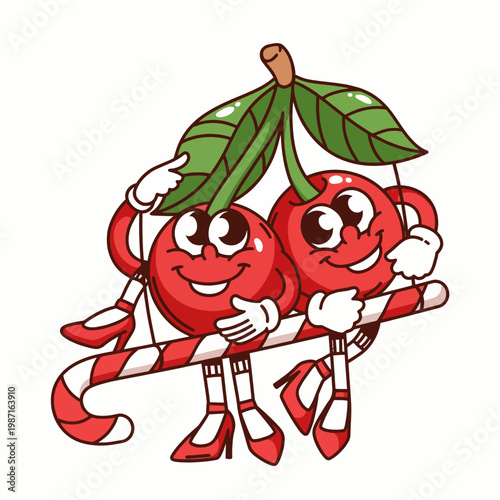Two happy cherubic cherries wearing high heels and holding a candy cane cheerfully represent joy, friendship, and sweetness in a colorful and whimsical style.