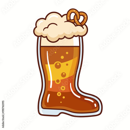 A fun and whimsical beer boot featuring a frothy head and pretzel garnish, ideal for capturing the celebratory essence of Oktoberfest and beer-related festivities.