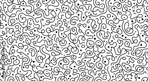 Black and white abstract illustration of swirling shapes and lines