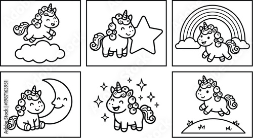Cute line art pages close up six baby unicorns in different poses jumping and sitting with clouds stars moon rainbow for coloring book pages simple bold