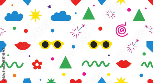 Vibrant party scene with sunglasses and colorful shapes floating freely outdoors