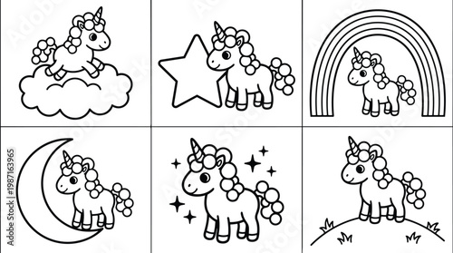 Cute vector unicorn coloring book pages six square panels each with different pose cloud star rainbow moon hill simple line art adorable outline designs for kids