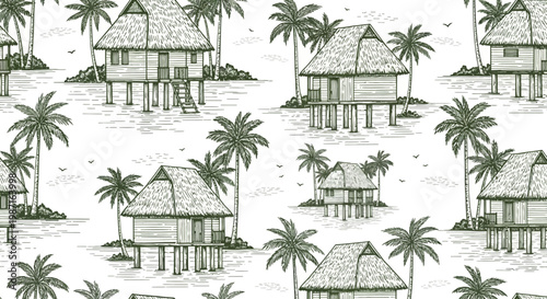 Tropical island scene with stilt houses, palm trees, and plants in a serene environment viewed from afar including hgfjd.