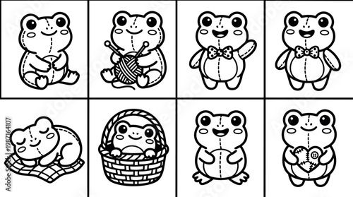 Black and white line art cute frog plush toy in different poses vector illustration