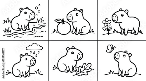 Cute capybara line art coloring book panels six scene close up sitting eating fruit near flower by river with butterfly rain leaf playful simple bold strokes